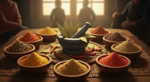 assortiment épices indiennes poudre et graines en bols bois