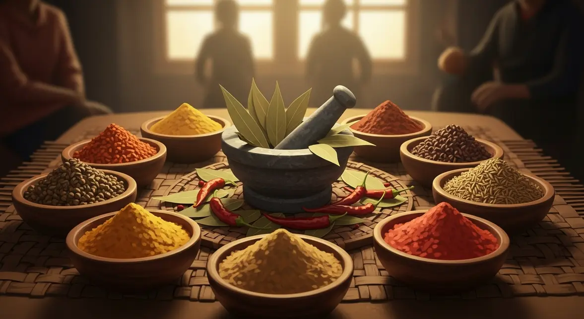 assortiment épices indiennes poudre et graines en bols bois