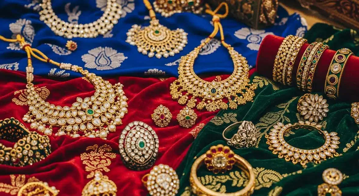 divers bijoux indiens or argent pierres sur tissu coloré