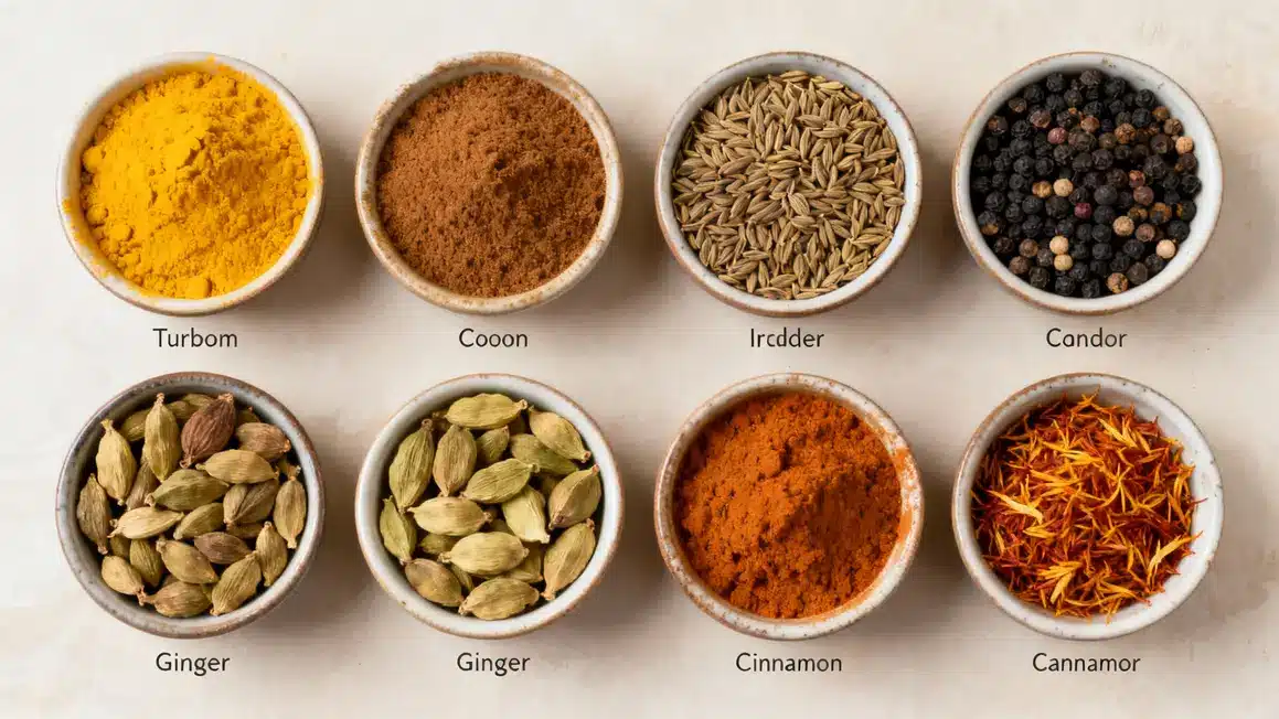 vues dessus bols épices indiennes avec noms