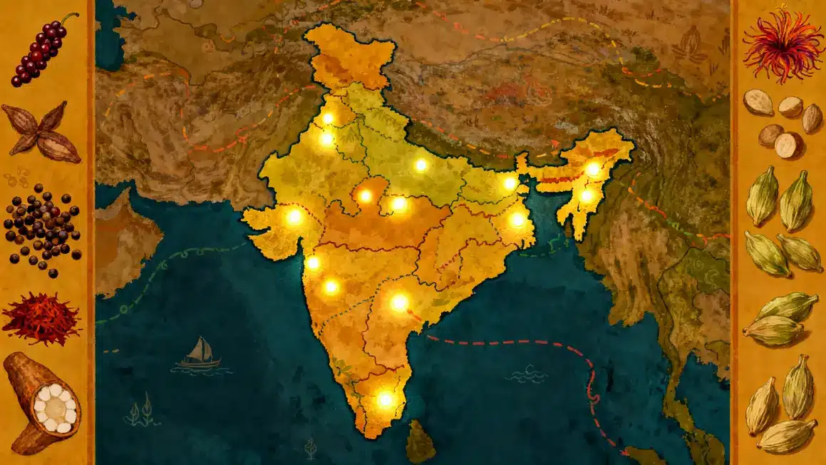 carte stylisée Inde origines et régions majeures d'épices