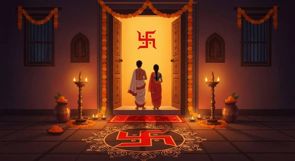 decoration entree maison indienne avec svastika et lampes festival