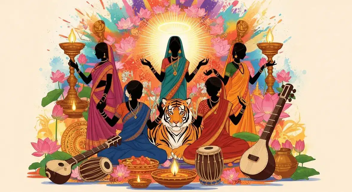 Illustration femmes indiennes, lotus, tigre, accessoires hindous