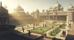 Illustration stylisée d’un palais indien au lever du soleil