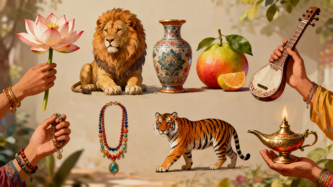 Objets lotus vina lion lampe deesses hindoues