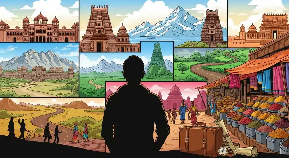 Illustration voyage Inde 2025 mosaïque, paysages, aventure
