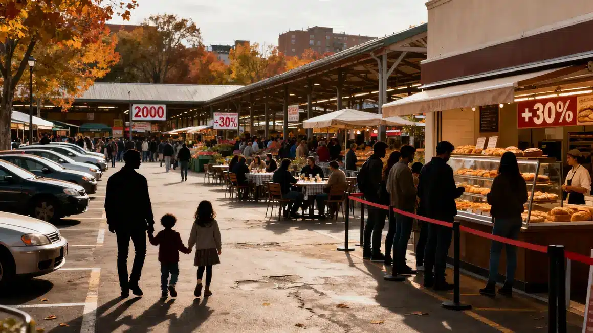 Parking plein halles terrasses foule à Clisson automne