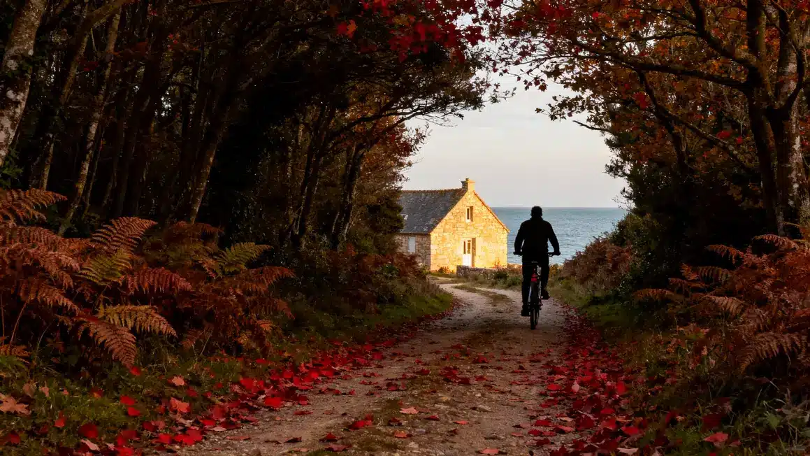 ile-aux-Moines automne sentier balade fougères maison cycliste