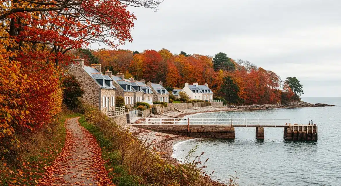panorama ile-aux-Moines automne sentier feuilles quai maisons pierre