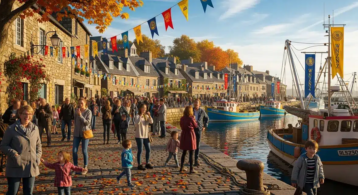 Village Port-Breton décoré, foule et ambiance automnale