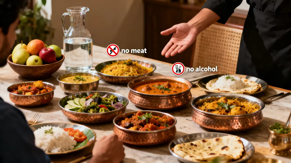 Repas indien végétarien normes alimentaires servies main droite