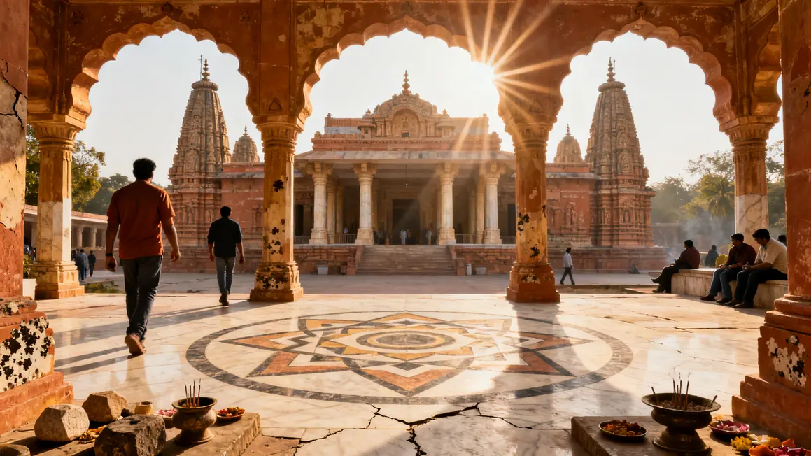 Vue photoréaliste d’un temple indien avec mandala au sol