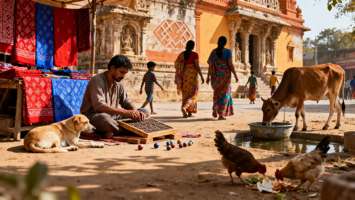 Scène village Rajasthan avec artisan saris et textiles block print