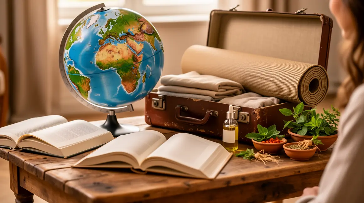 Globe et valise avec objets ayurveda pour voyage 2026