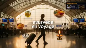 Voyageur aéroport avec symboles ayurveda équilibre