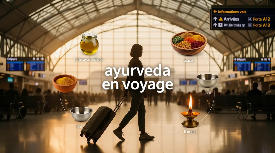 Voyageur aéroport avec symboles ayurveda équilibre