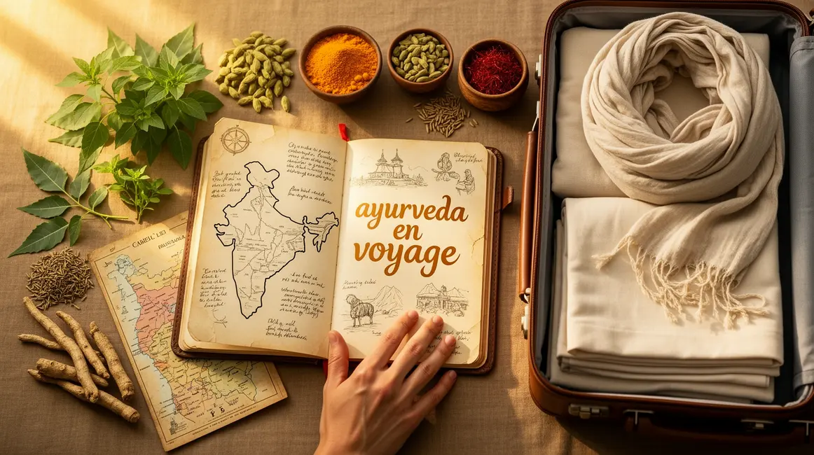 ayurveda en voyage scene carnet carte inde epices plantes valise