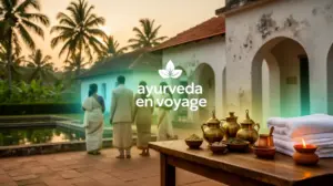 centre ayurveda Inde avec palmiers soins photorealiste