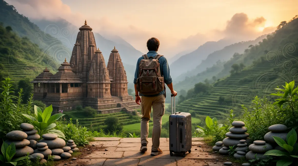 voyageur valise devant temples indiens ayurveda