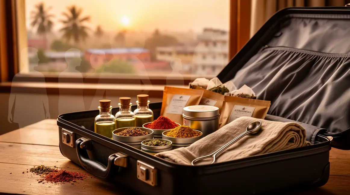 Kit ayurvédique de voyage en Inde valise ouverte