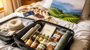 valise ouverte ayurveda en voyage avec accessoires essentiels