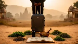 voyageur ayurveda en voyage devant valise et paysage indien objets ayurvediques