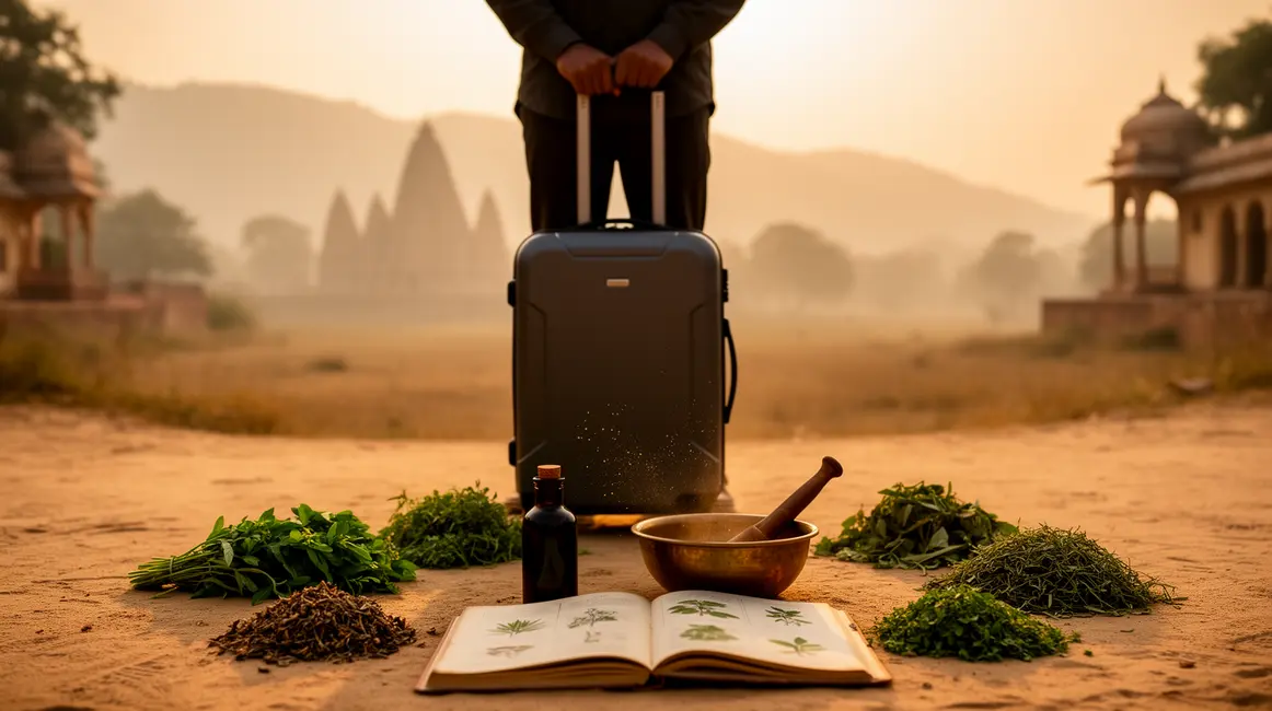voyageur ayurveda en voyage devant valise et paysage indien objets ayurvediques