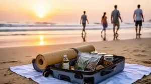 valise ouverte objets ayurveda plage au lever du soleil
