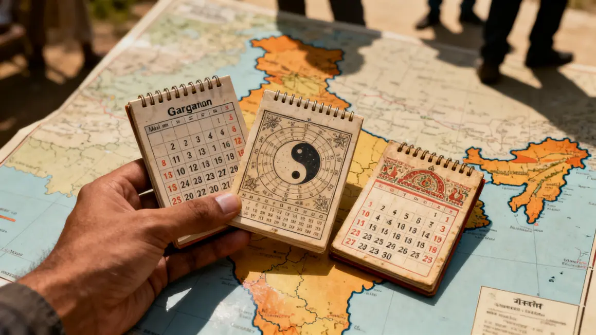 Main trois calendriers fêtes Inde 2026 carte stylisée