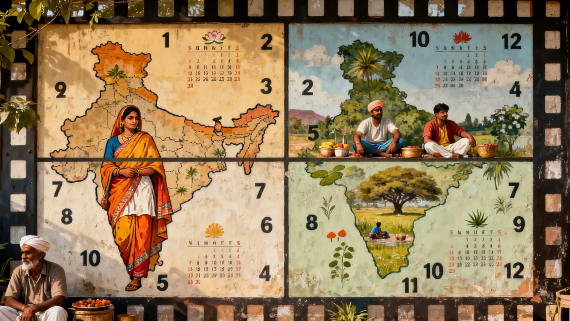 Tableau mural illustrant 4 zones d’Inde pour le yoga en 2026 avec calendrier et vêtements.