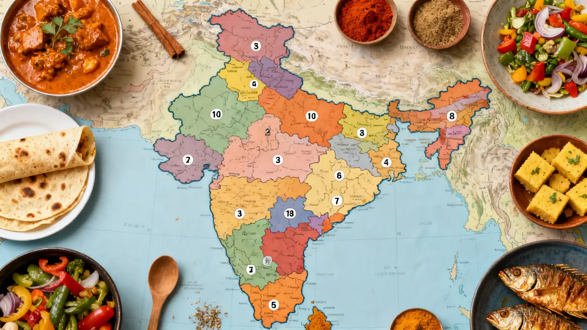 Carte photo réaliste des cuisines régionales indiennes avec plats icônes