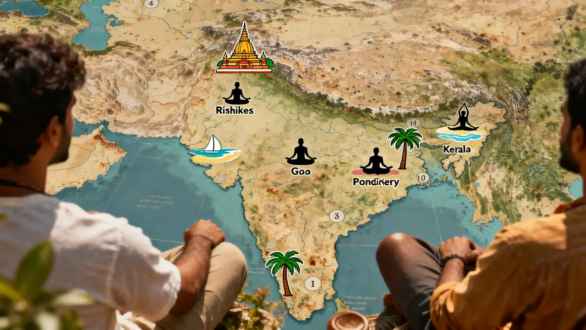 Carte photoréaliste Inde avec lieux Rishikesh Goa Kerala Pondichery pour yoga en 2026.