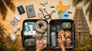 आवश्यक स्वास्थ्य परिवहन के साथ कोलाज चेकलिस्ट सूटकेस दक्षिण भारत