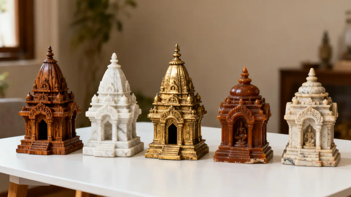 Petits temples indiens matériaux variés sur table blanche