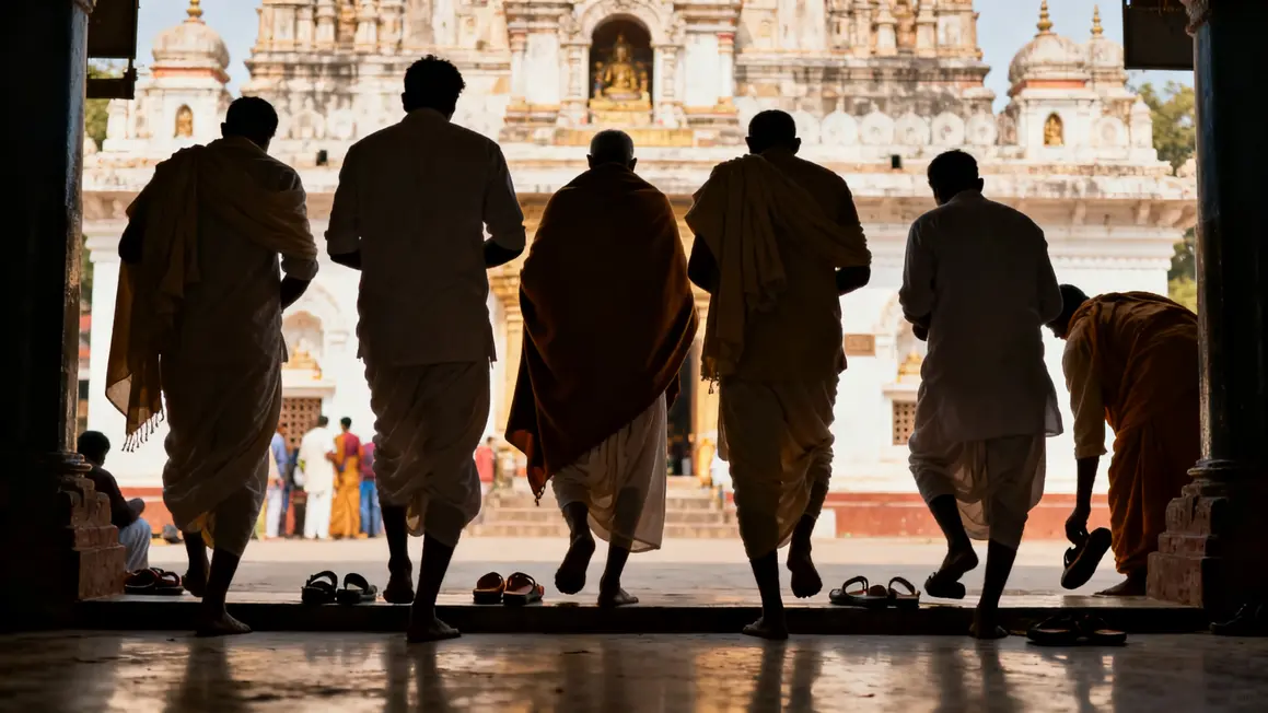 tenue respectueuse devant temple indien visiteurs retirant chaussures