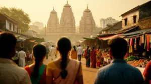 मंदिरों और बाजार के साथ यात्री फ्रंट इंडियन परिदृश्य