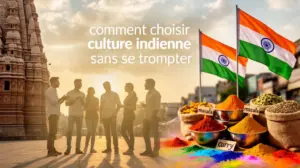 silhouettes expatries devant symboles culture indienne sous ciel lumineux