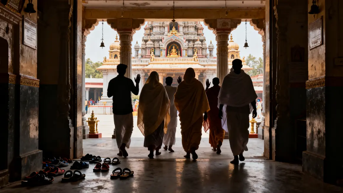 entrée temple indien, respect codes culturels, chaussures retirées, salutation