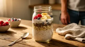 bocal d'overnight oats perte de poids sur table, flocons, graines, fruits, lait végétal