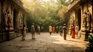 cour temple indien, visiteurs modeste, statues