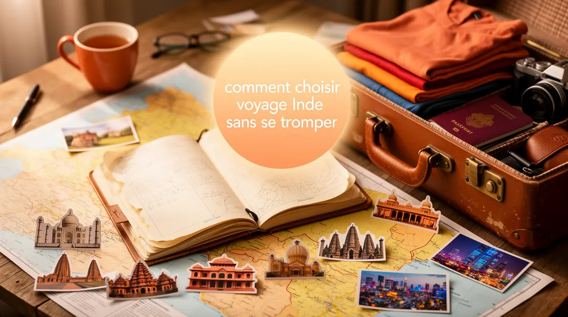 Image carnet voyage Inde préparation, valise, cartes, monuments