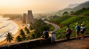 Scene de plages, temples et voyageurs en Inde du Sud