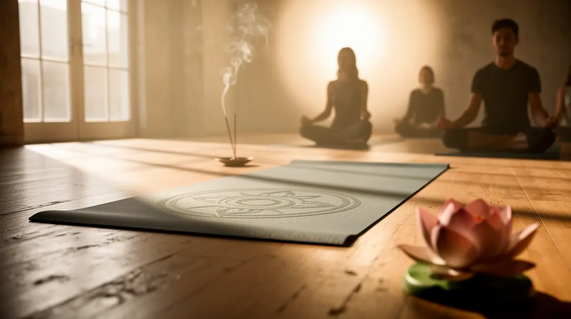 tapis de yoga spiritualite avec cercle et silhouettes meditative