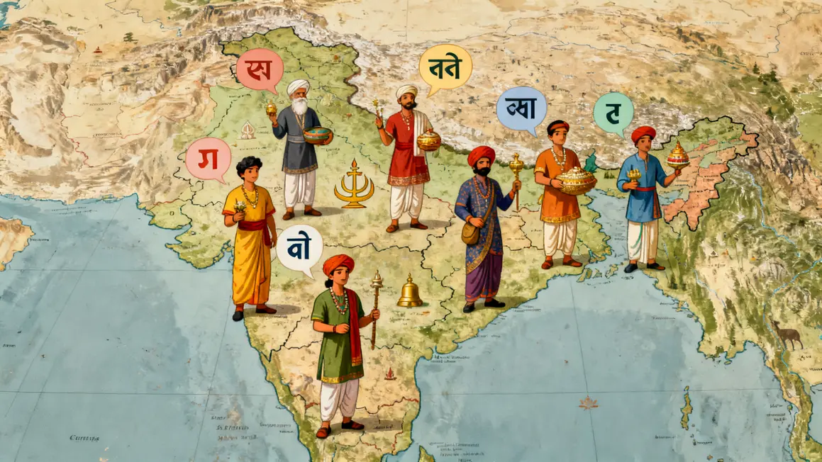 Carte de l’Inde avec diversité langues religions costumes