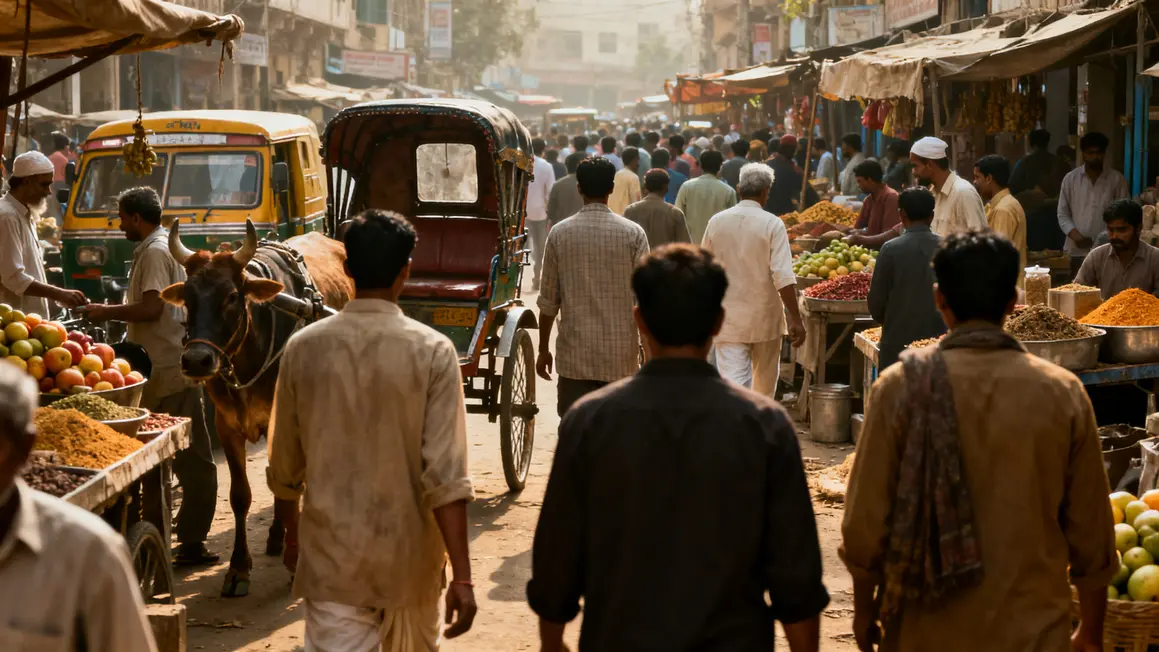 Foule marché Inde quotidien rickshaw