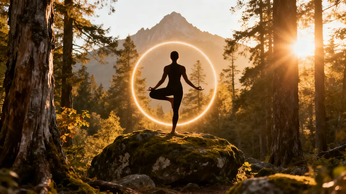 Silhouettes yoga, cercle lumineux, union nature spiritualité