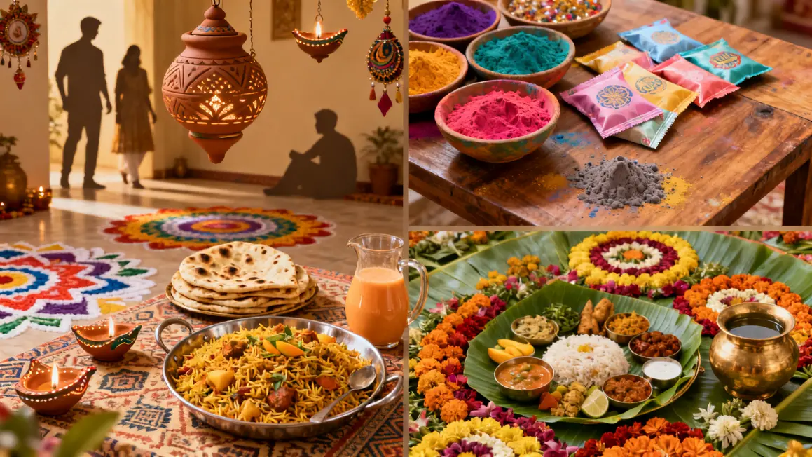 illustration traditions Diwali Holi Eid Onam ambiance chaleureuse
