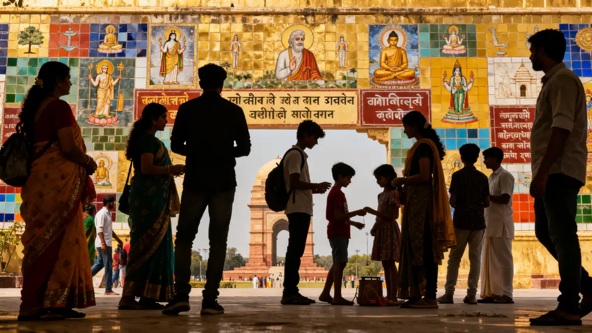 groupe divers devant mosaique symboles religions langues culture indienne