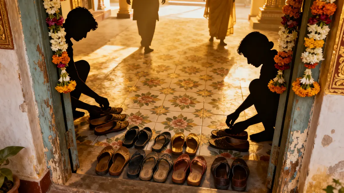Entrée temple indien chaussures rituel culture indienne