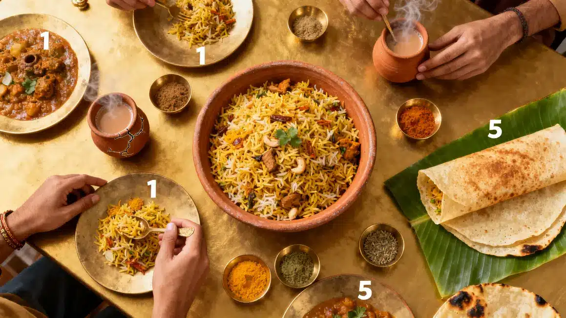 table indienne avec plats typiques et chai vue du dessus